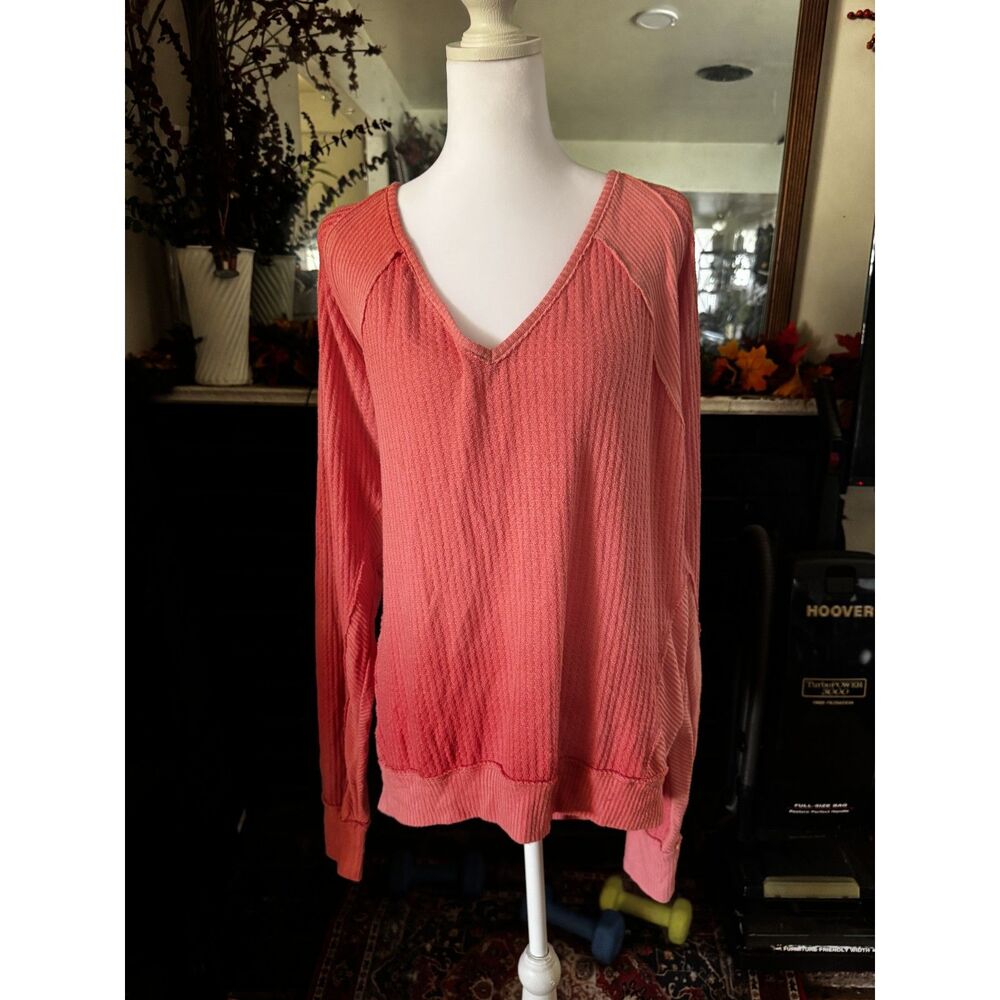We The Free Womens M Coral Thermal V Neck Top Free People Oversized Long Sleeve